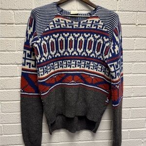 Red and Blue Geometric Crew Neck Sweater